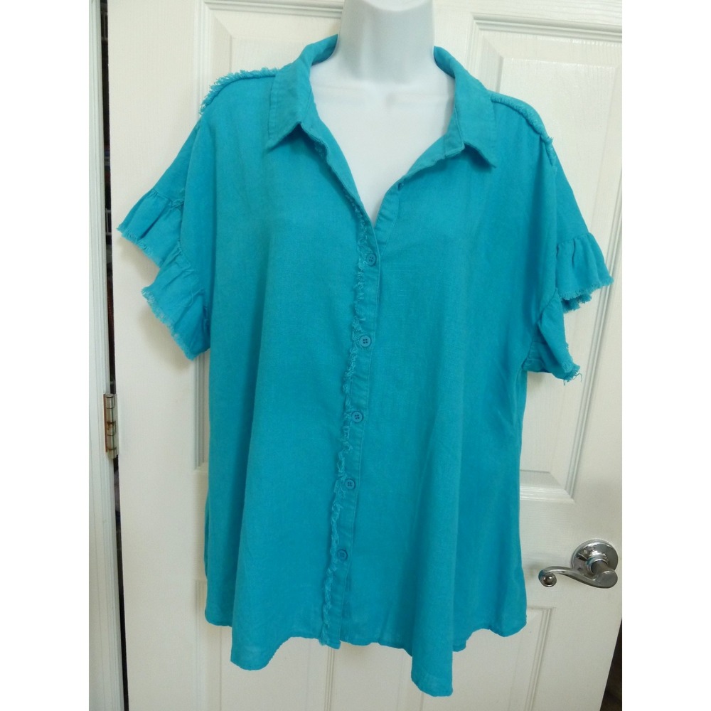 UMGEE XL Oversized Linen Blend Raw Edge Blouse Aqua Blue WB8100